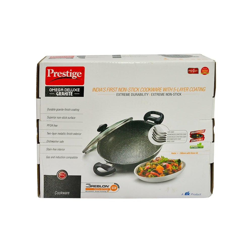 Prestige Omega Deluxe 36310 with Glass Lid Omega Deluxe Granite Non-stick Kadai, 24 cm (Non-Stick Aluminium, 2.3 ltrs, Black) : 1 unit