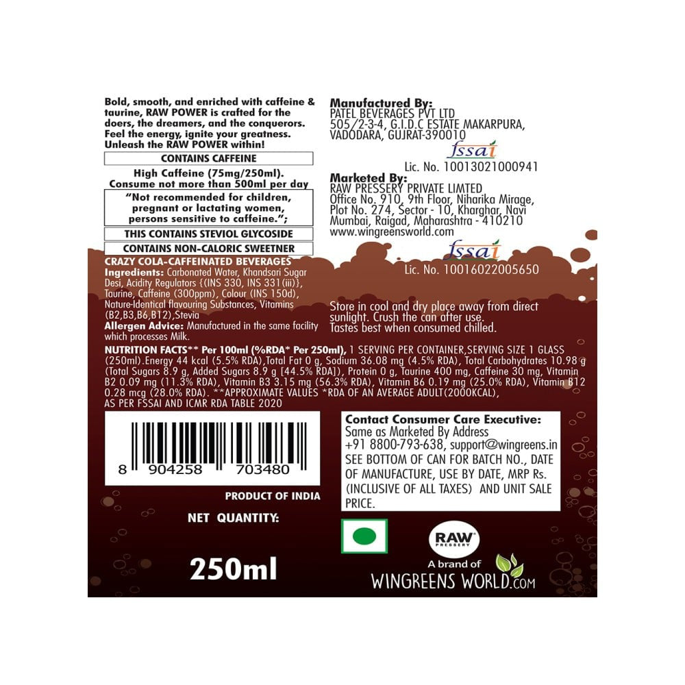 Raw Pressery Crazy Cola Energy Drink - Pack of 2 : 2 x 250 ml