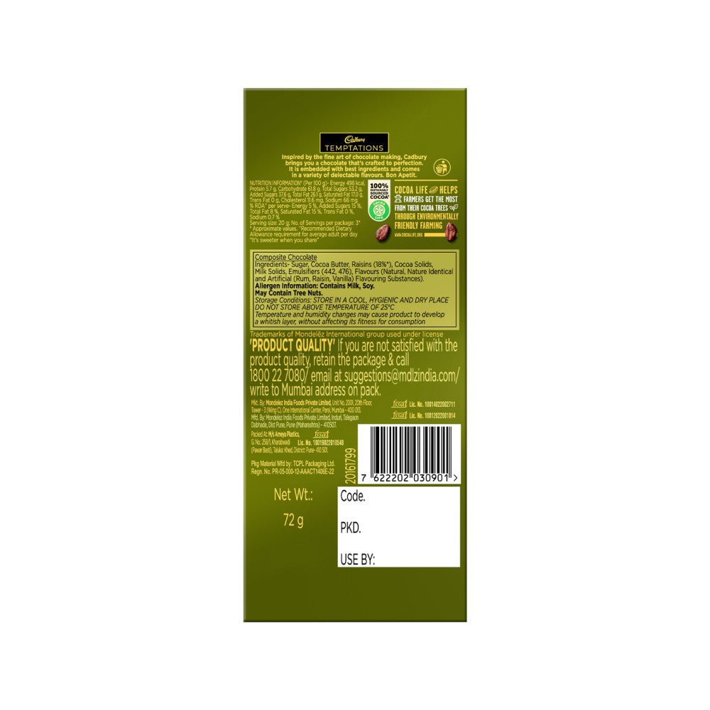 Cadbury Temptations Rum & Raisins Premium Flavoured Chocolate Bar : 72 g