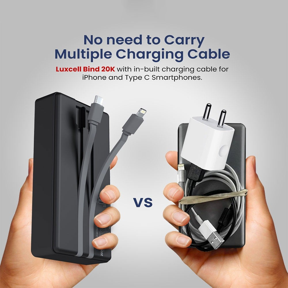 Portronics Luxcell Bind 20K 22.5W 20000mAh Power Bank (with Inbuilt Type C & 8 Pin Cable, Black) : 1 unit