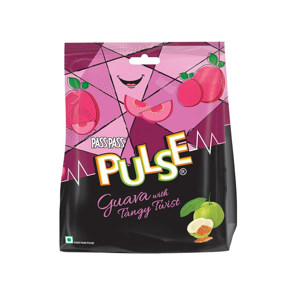 A package of Pulse Guava Candy featuring a pink and black design with illustrations of guava fruits and leaves.