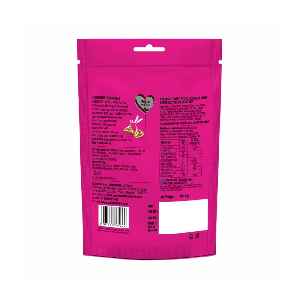 Hershey's Kisses Hazelnut n Cookies Flavoured Chocolate Bar : 100.8 g