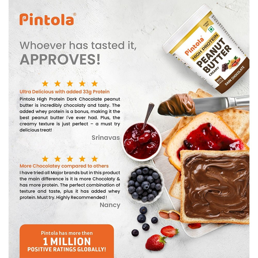 Pintola Dark Chocolate Creamy Peanut Butter (High Protein) - Pack of 2 : 2 x 510 g