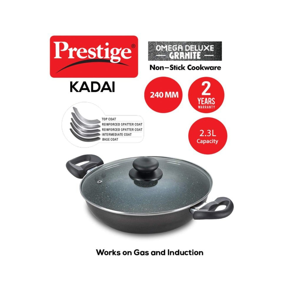 Prestige Omega Deluxe 36310 with Glass Lid Omega Deluxe Granite Non-stick Kadai, 24 cm (Non-Stick Aluminium, 2.3 ltrs, Black) : 1 unit