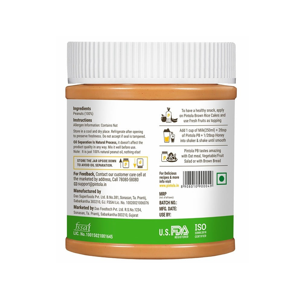 Pintola All Natural Crunchy Peanut Butter (Unsweetened) - Pack of 2 : 2 x 350 g