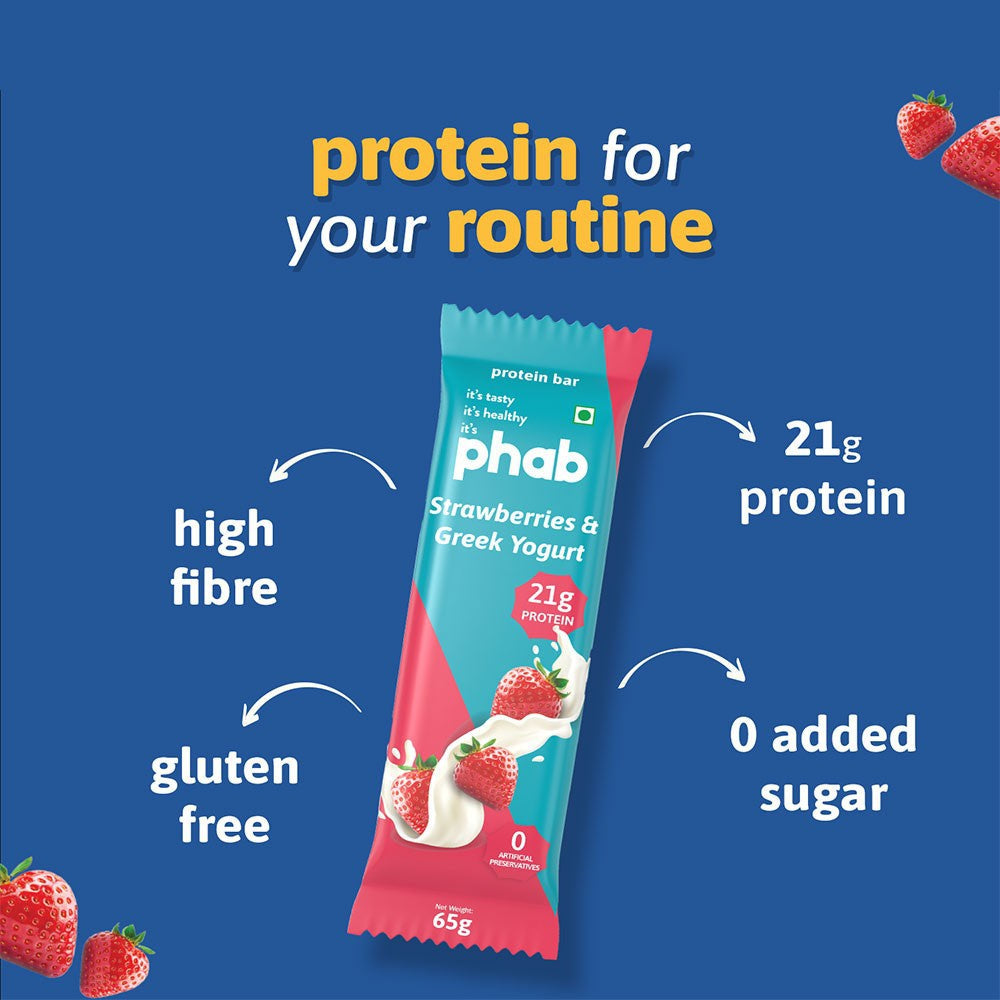 Phab Strawberries & Greek Yogurt Protein Bar - Strawberries & Greek Yogurt (High Fibre & No Added Sugar) : 3 x 65 g