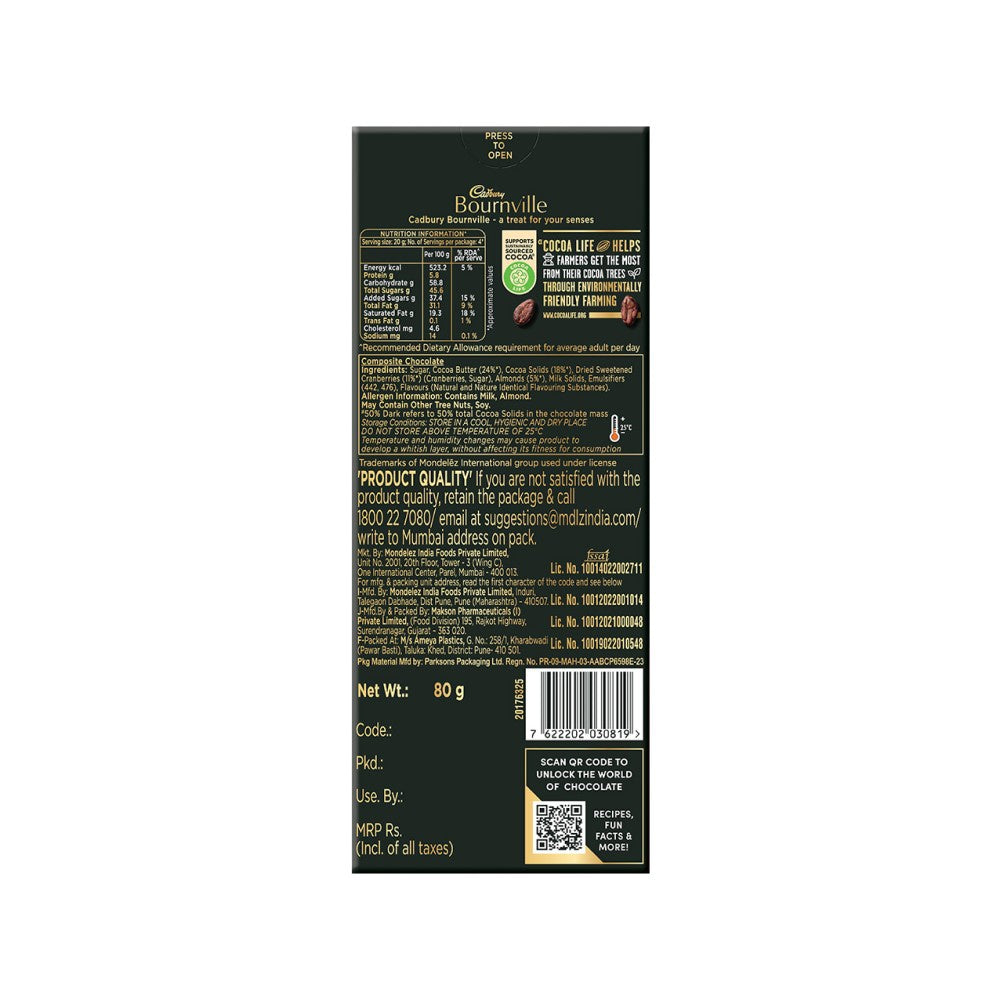 Cadbury Bournville Cranberry Flavoured Chocolate Bar : 80 g