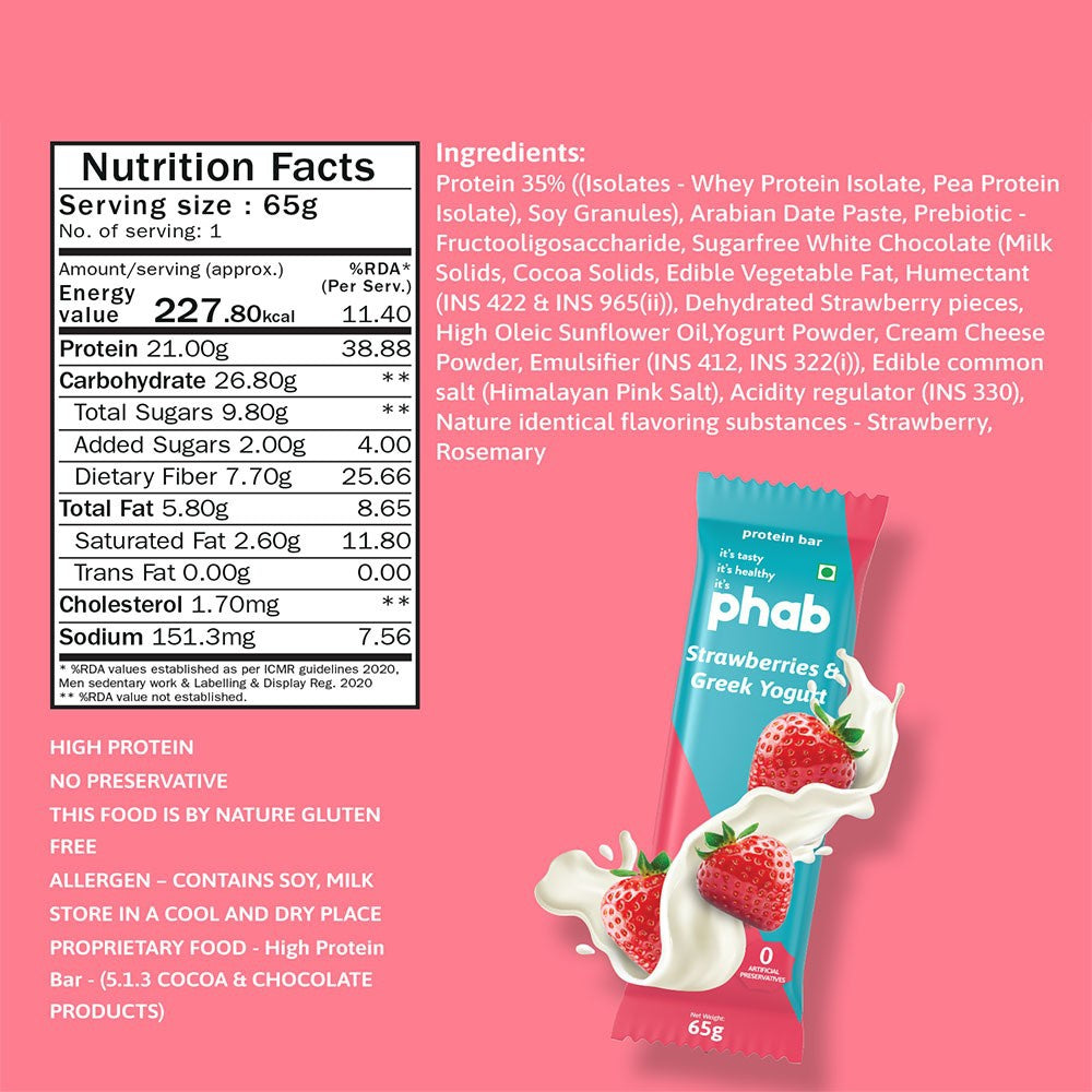 Phab Strawberries & Greek Yogurt Protein Bar - Strawberries & Greek Yogurt (High Fibre & No Added Sugar) : 3 x 65 g