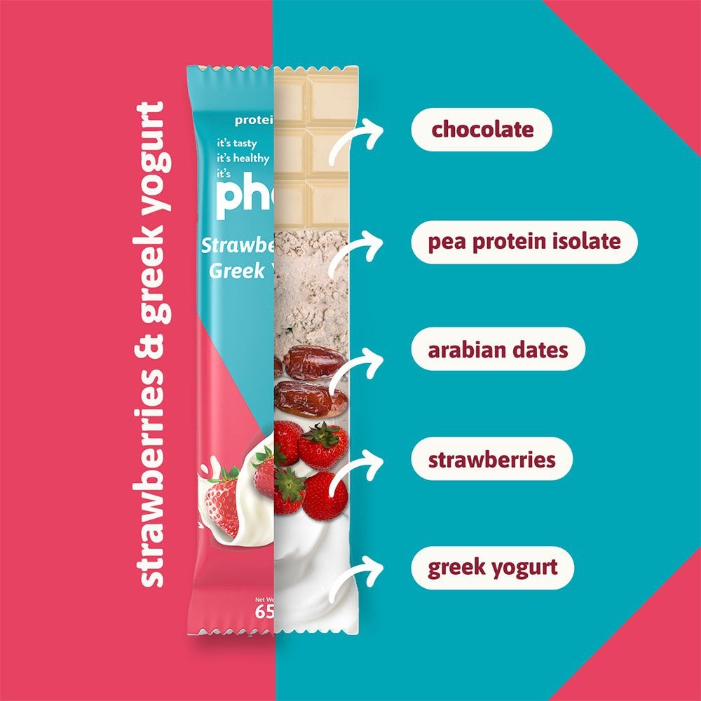 Phab Strawberries & Greek Yogurt Protein Bar - Strawberries & Greek Yogurt (High Fibre & No Added Sugar) : 3 x 65 g