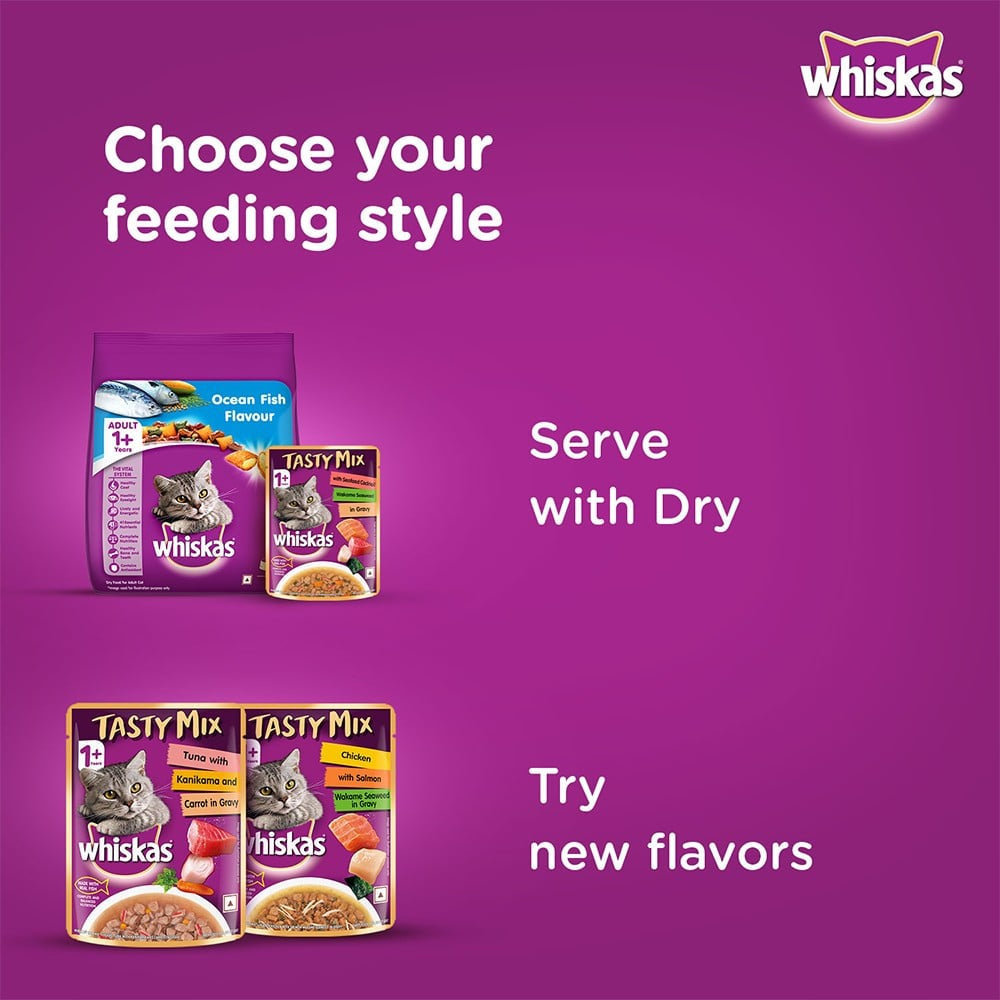 Whiskas Tasty Mix Wet Cat Food (Seafood Cocktail Wakame Seaweed in Gravy, 1+ Years) : 28 x 70 g