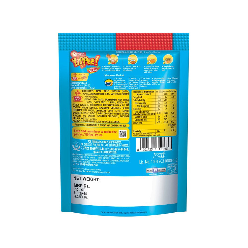 Yippee Tricolor Instant Pasta - Creamy Corn : 65 g
