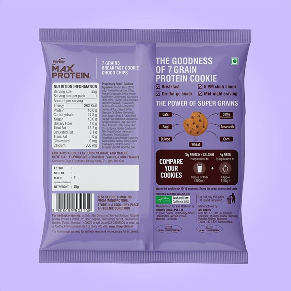RiteBite Max Protein Choco Chips Cookies - Pack of 2 : 2 x 55 g