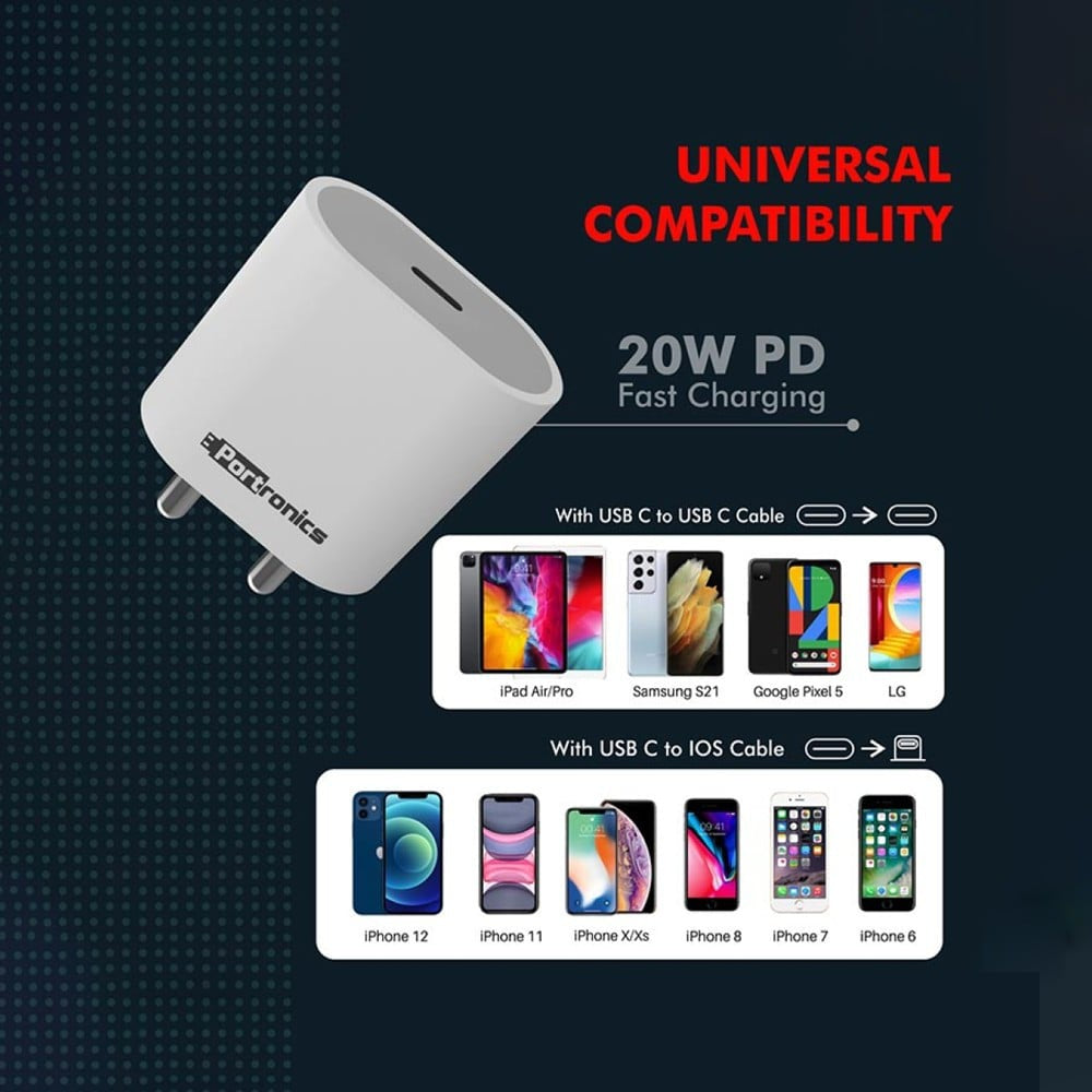 Portronics Adapto 20 W Fast Charging Adapter (Type C, White) : 1 piece