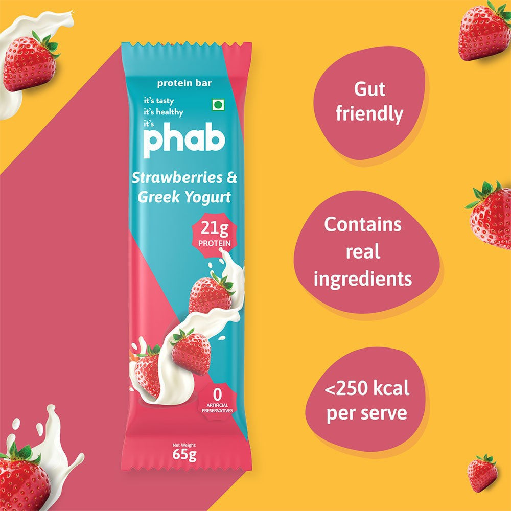 Phab Strawberries & Greek Yogurt Protein Bar - Strawberries & Greek Yogurt (High Fibre & No Added Sugar) : 3 x 65 g