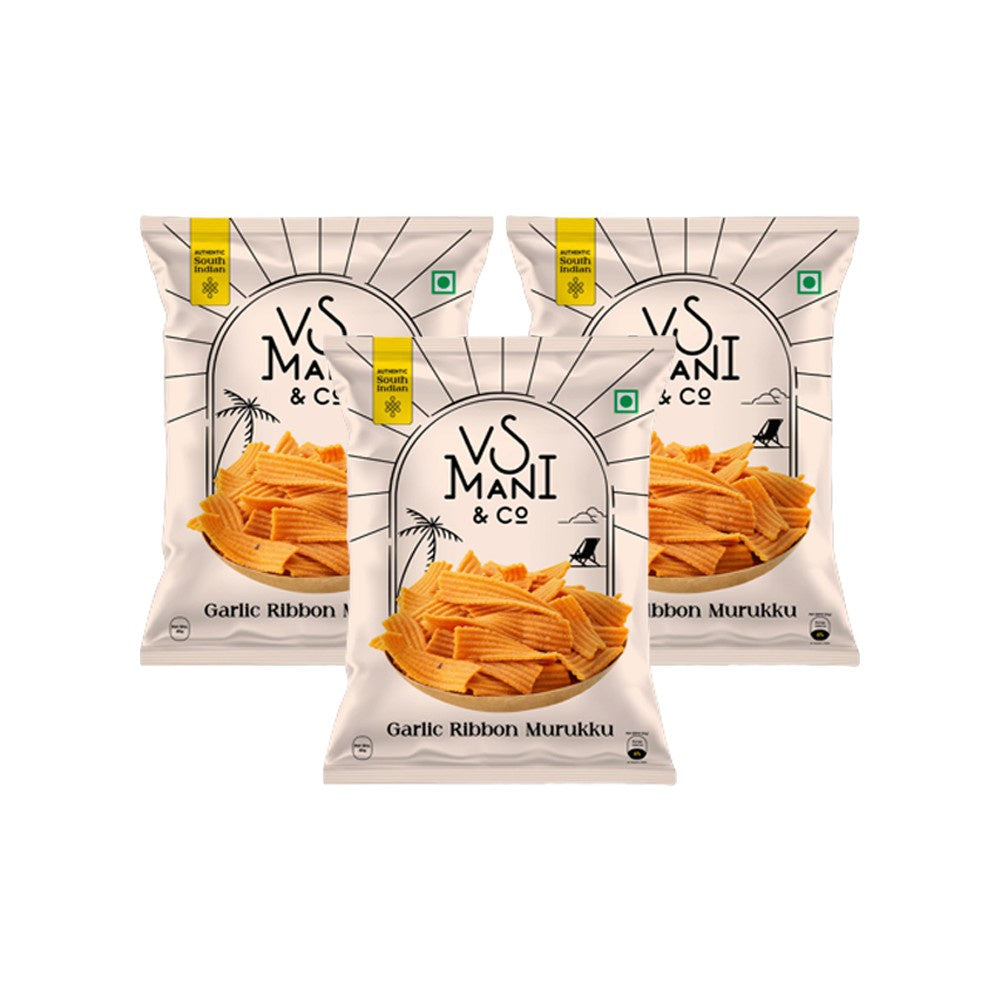 VS Mani & Co. Garlic Ribbon Murukku, No Palm Oil - Pack of 3 : 3 x 65 g