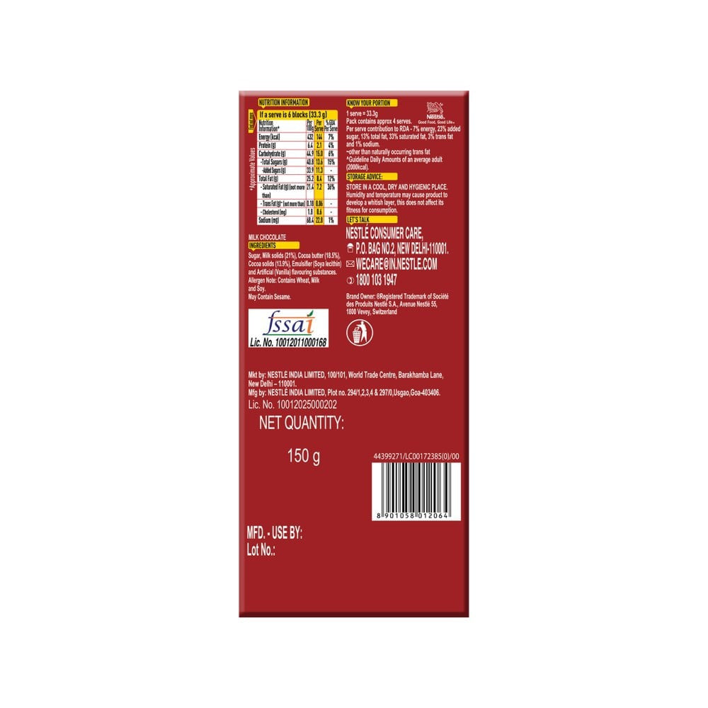 Nestle Classic Milk Chocolate Bar Smooth & Creamy : 150 g