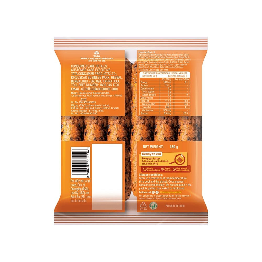 Tata Sampann Yumside Classic Chicken Seekh Kebab : 180 g