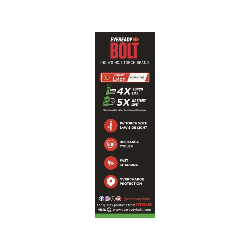 Eveready DigiLED Bolt Rechargeable 1W Torch (Bright White) : 1 unit