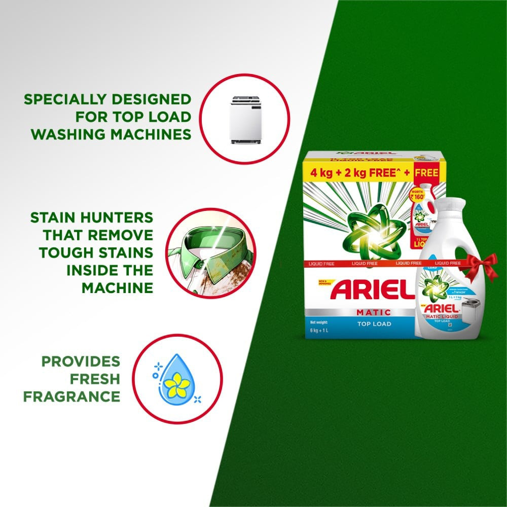 Ariel Top Load Detergent Powder + Liquid Detergent : 6 kg + 1 ltr