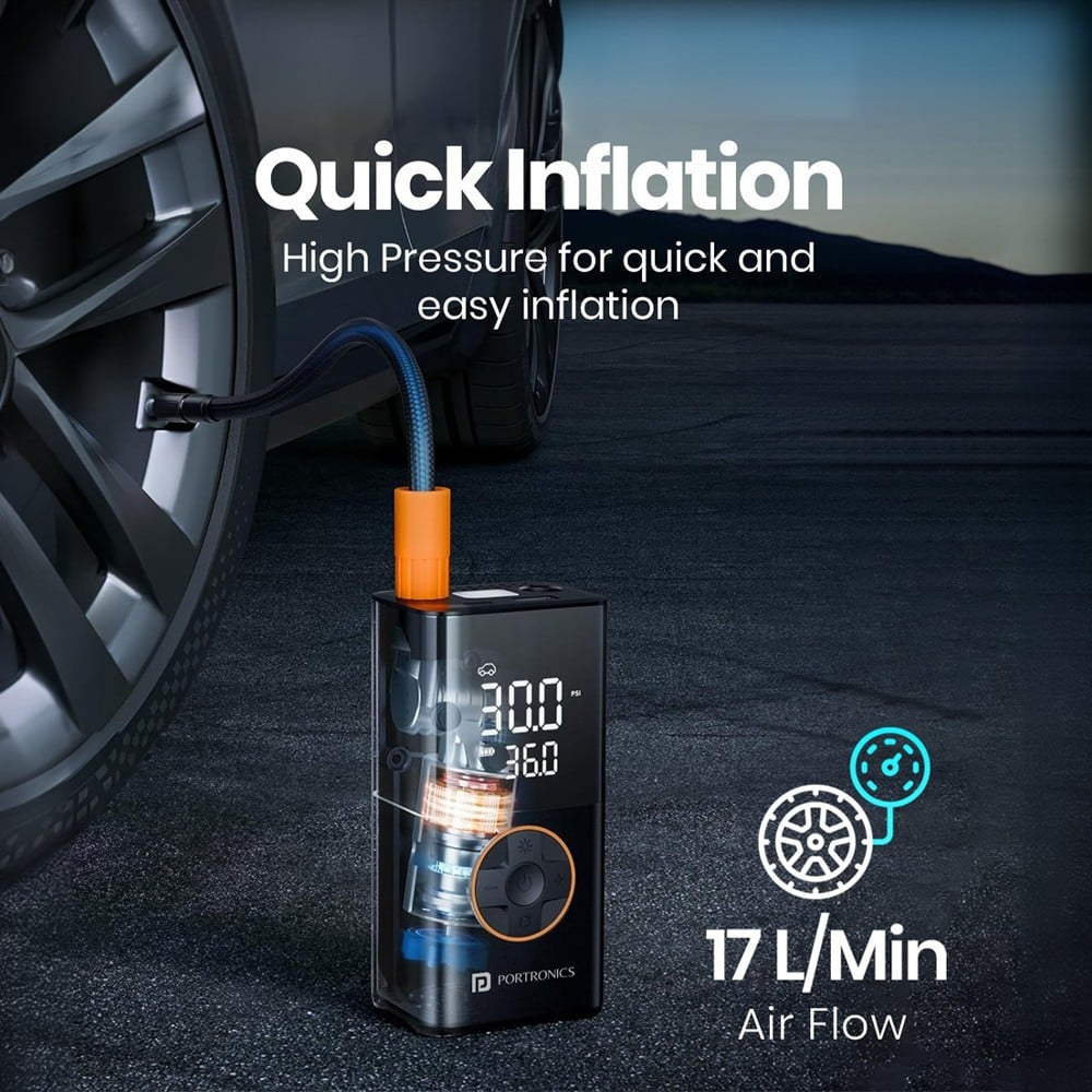 Portronics Vayu 3.0 Tyre Inflator with 150 PSI Pressure, 4000 mAh Battery : 1 unit