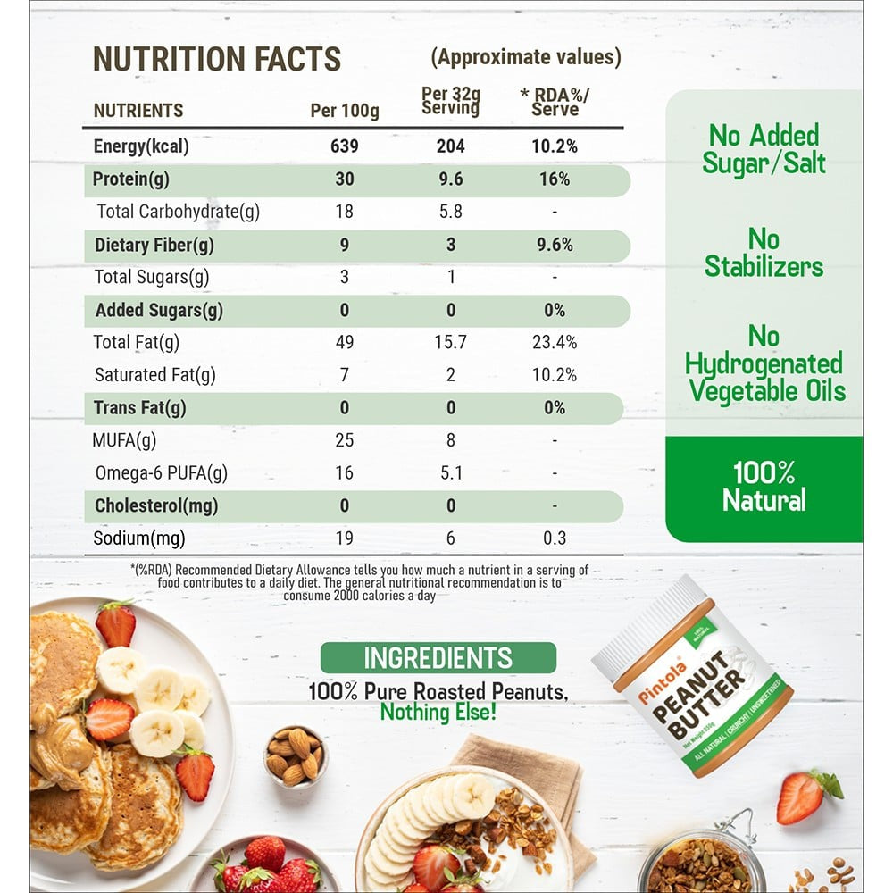 Pintola All Natural Crunchy Peanut Butter (Unsweetened) - Pack of 2 : 2 x 350 g
