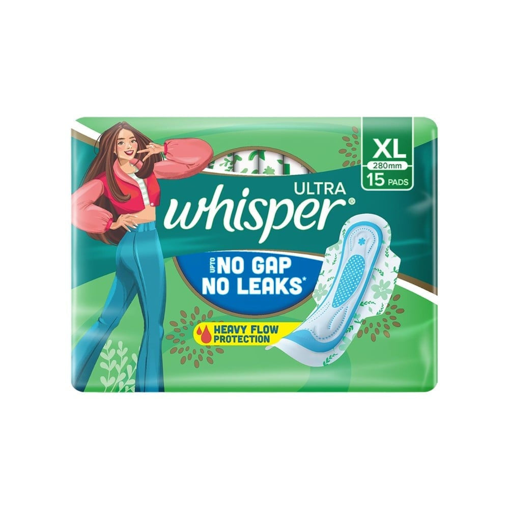 Whisper Ultra Upto No Gap No Leaks Sanitary Pads (XL) + Daily Liners Clean & Fresh Panty Liners Combo : 15 pieces + 20 pieces