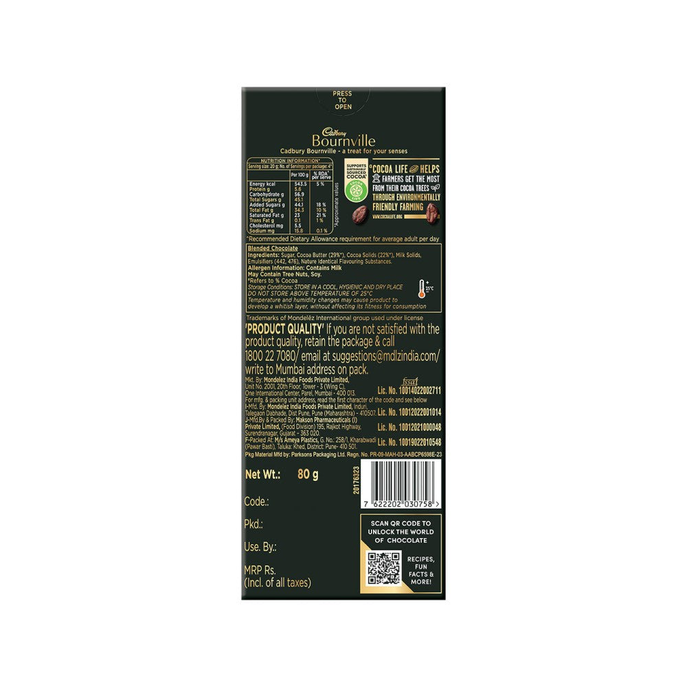 Cadbury Bournville Rich Cocoa 50% Dark Chocolate Bar : 80 g