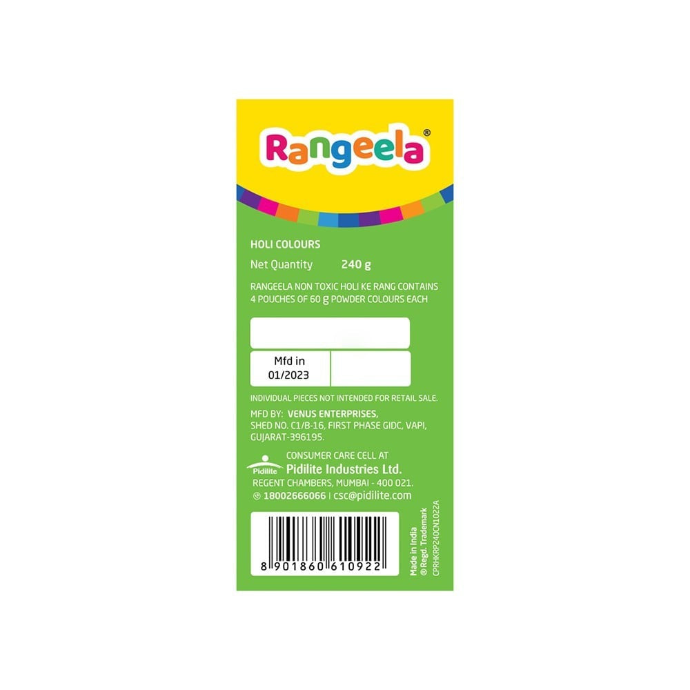 Pidilite Rangeela Holi Ke Rang Non-Toxic Vibrant Gulal (Pink, Yellow, Green, Orange) : 1 pack (4 x 60 g)
