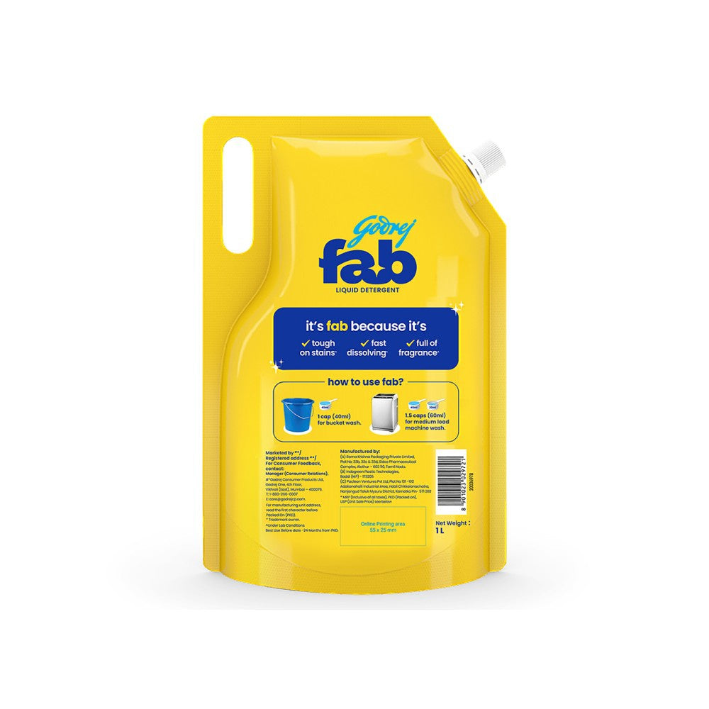 Godrej Fab Liquid Detergent Refill Pouch : 1 ltr