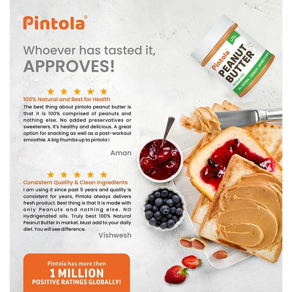Pintola All Natural Crunchy Peanut Butter (Unsweetened) - Pack of 2 : 2 x 350 g