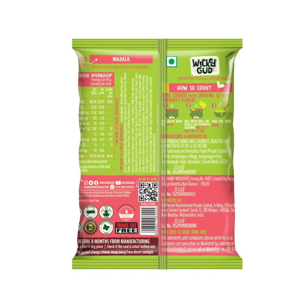 WickedGud Masala No Maida & No Oil Instant Noodles - Pack of 2 : 2 x 69 g