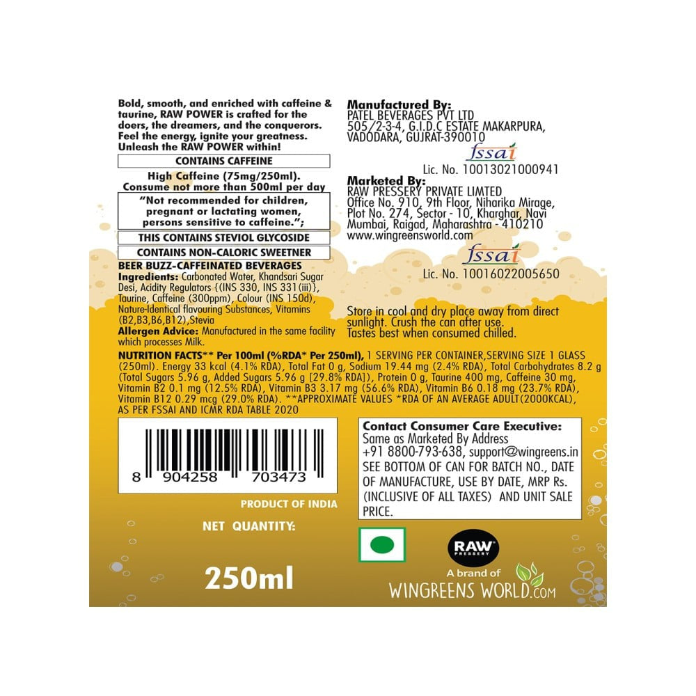 Raw Pressery Beer Buzz Energy Drink - Pack of 2 : 2 x 250 ml