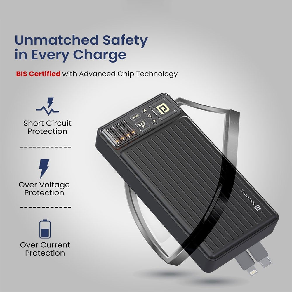 Portronics Luxcell Bind 20K 22.5W 20000mAh Power Bank (with Inbuilt Type C & 8 Pin Cable, Black) : 1 unit