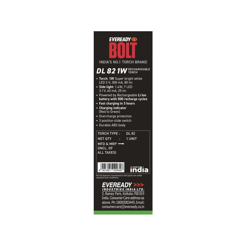 Eveready DigiLED Bolt Rechargeable 1W Torch (Bright White) : 1 unit