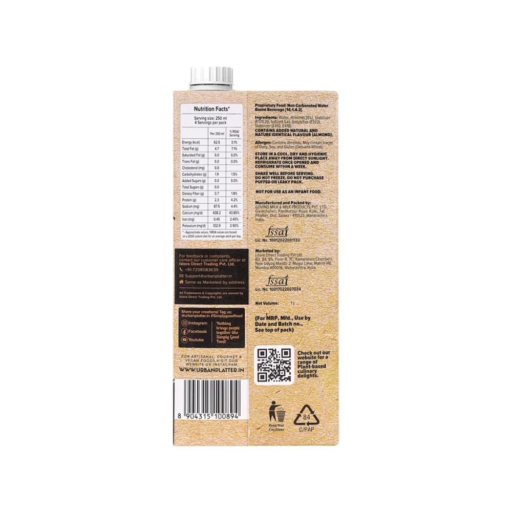 Urban Platter Unsweetened Almond Beverage (Lactose-Free, Plant-Based / Vegan / Milk Alternative) : 1 ltr