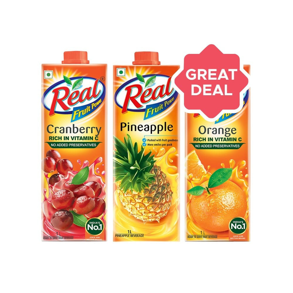 Real Fruit Power Cranberry Juice + Fruit Power Pineapple Juice + Fruit Power Orange Juice Combo : 1 ltr + 1 ltr + 1 ltr