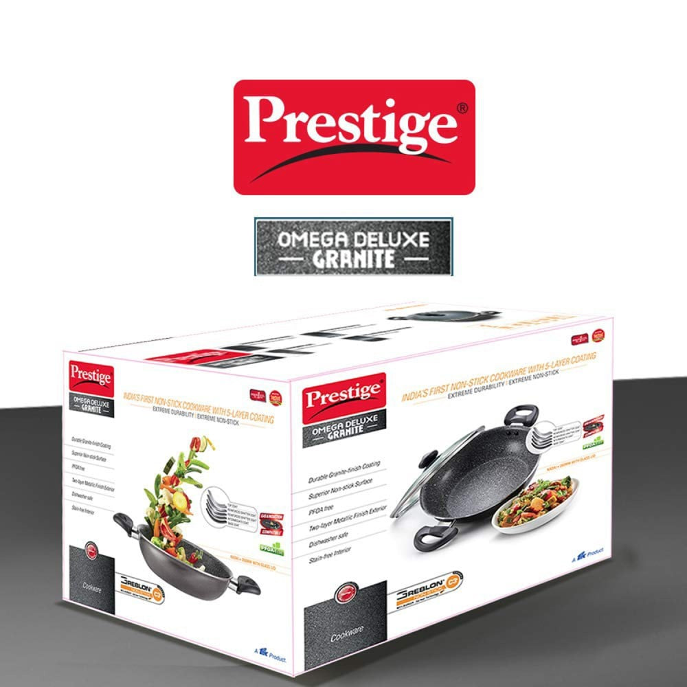 Prestige Omega Deluxe 36310 with Glass Lid Omega Deluxe Granite Non-stick Kadai, 24 cm (Non-Stick Aluminium, 2.3 ltrs, Black) : 1 unit