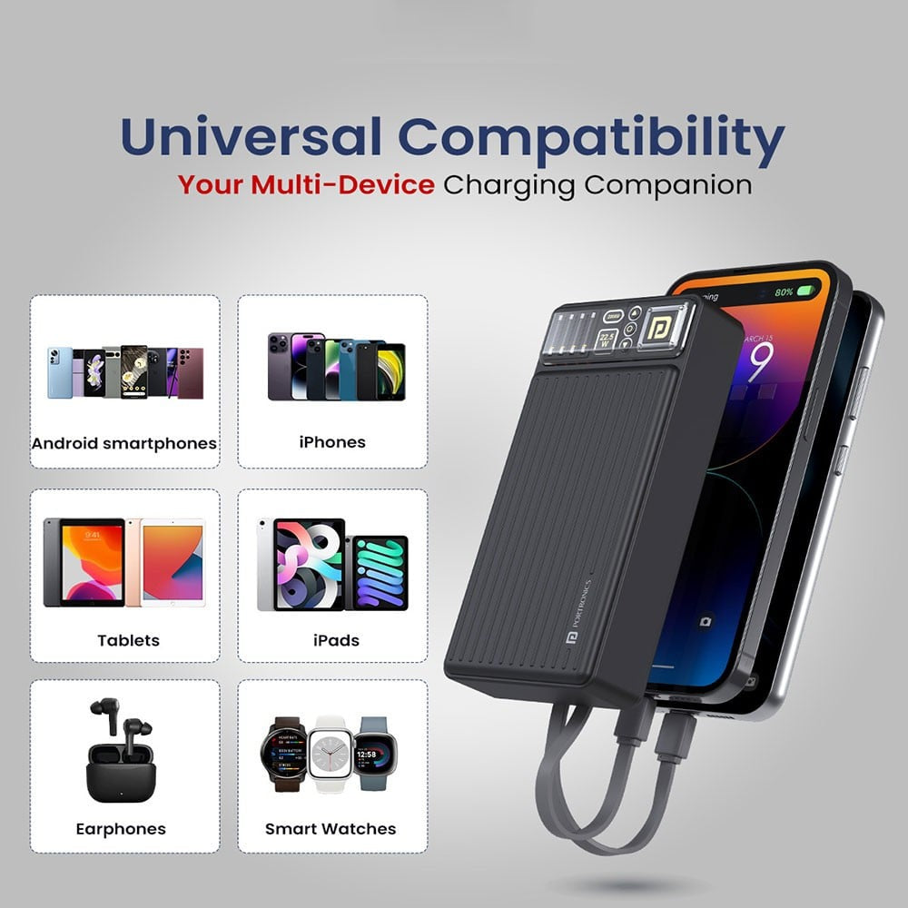 Portronics Luxcell Bind 20K 22.5W 20000mAh Power Bank (with Inbuilt Type C & 8 Pin Cable, Black) : 1 unit