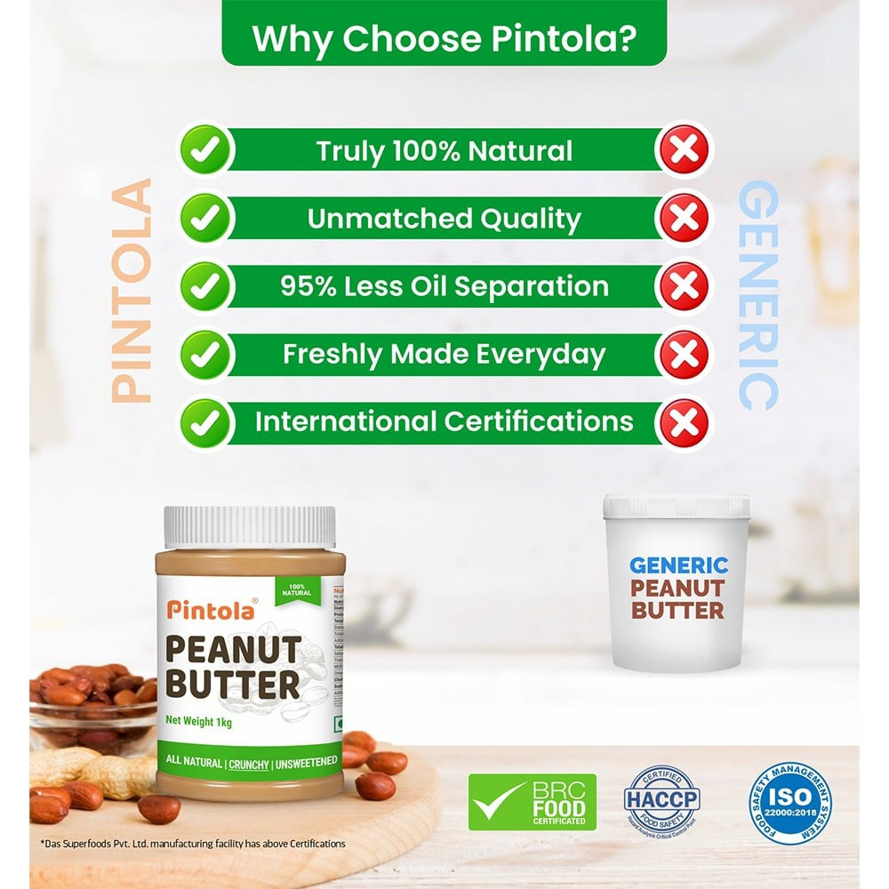 Pintola All Natural Crunchy Peanut Butter (Unsweetened) - Pack of 2 : 2 x 350 g