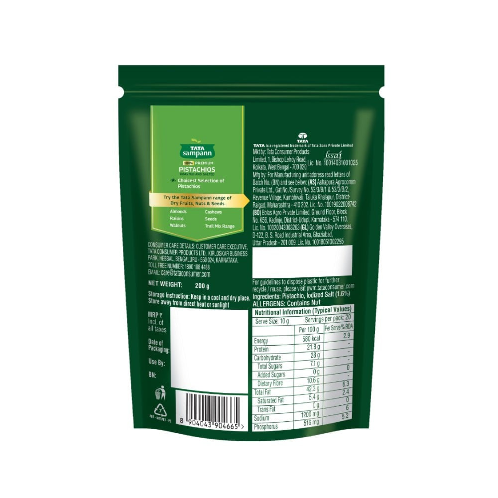 Tata Sampann Pistachios Roasted & Salted (100% Premium) : 200 g