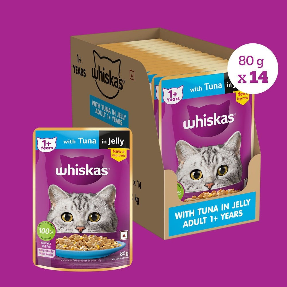Whiskas Adult Wet Cat Food -Tuna in Jelly (1+ Years) - Pack of 2 : 2 x 14 x 80 g