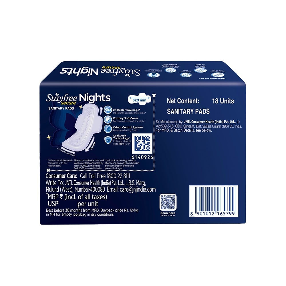 Stayfree Secure Nights Sanitary Pads : 18 pieces