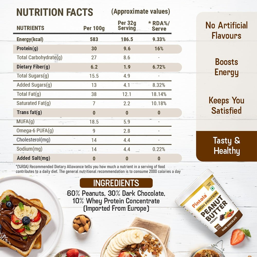 Pintola Dark Chocolate Creamy Peanut Butter (High Protein) - Pack of 2 : 2 x 510 g